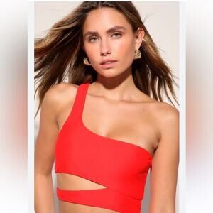 The Drop Valentina Women's One Shoulder Crop Stretchy Top Fire Orange Size M